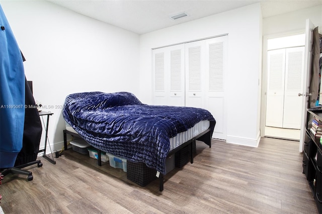 bedroom with wood-type flooring and a closet