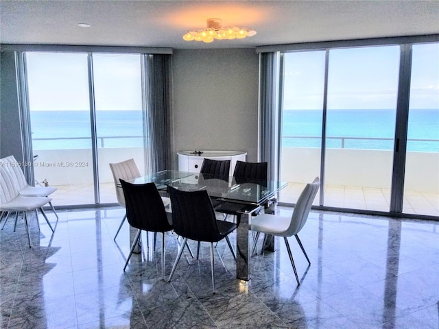 dining area featuring a water view, a healthy amount of sunlight, and a beach view