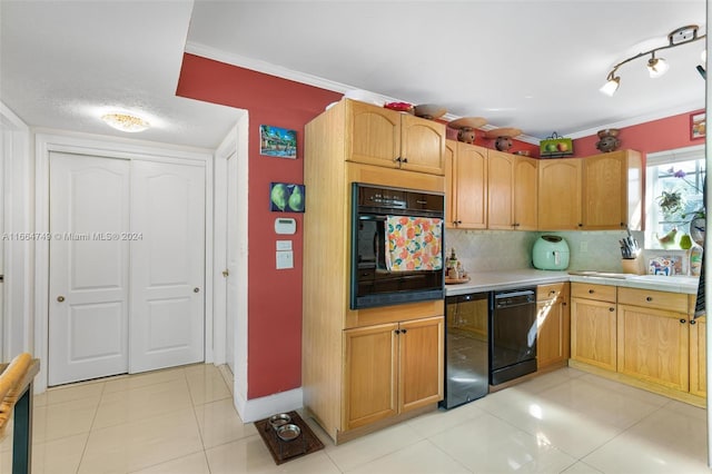 kitchen with black appliances, light tile patterned flooring, ornamental molding, and tasteful backsplash