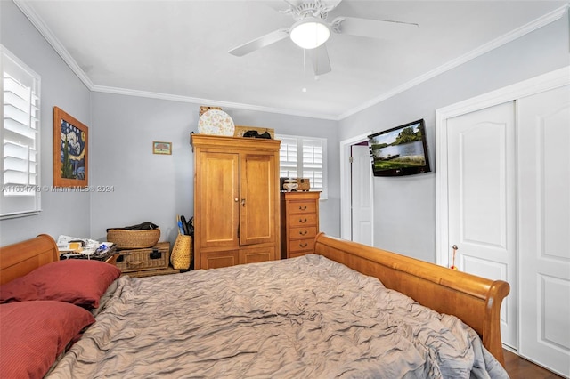 bedroom featuring dark wood-type flooring, a closet, ceiling fan, and ornamental molding