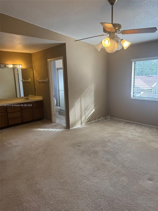 carpeted spare room with sink, a textured ceiling, and ceiling fan