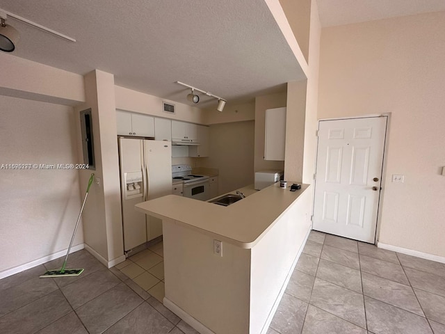 kitchen featuring white appliances, sink, kitchen peninsula, a textured ceiling, and white cabinetry