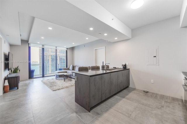 kitchen with kitchen peninsula, dark brown cabinets, electric panel, and floor to ceiling windows