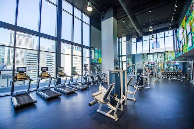 gym featuring expansive windows and a high ceiling