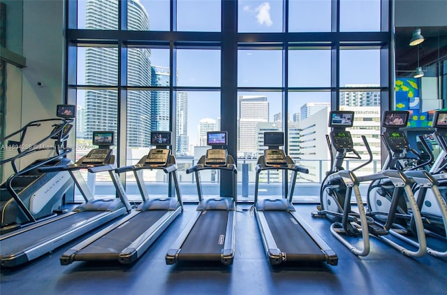 gym featuring expansive windows and a healthy amount of sunlight