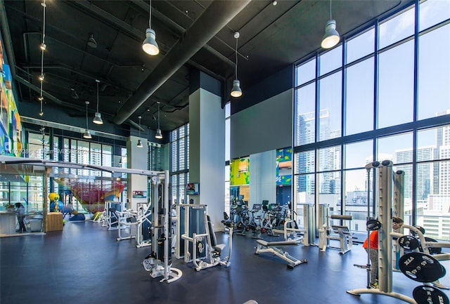 workout area featuring expansive windows and a high ceiling