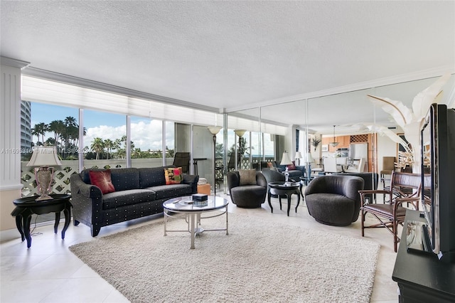 tiled living room with a textured ceiling