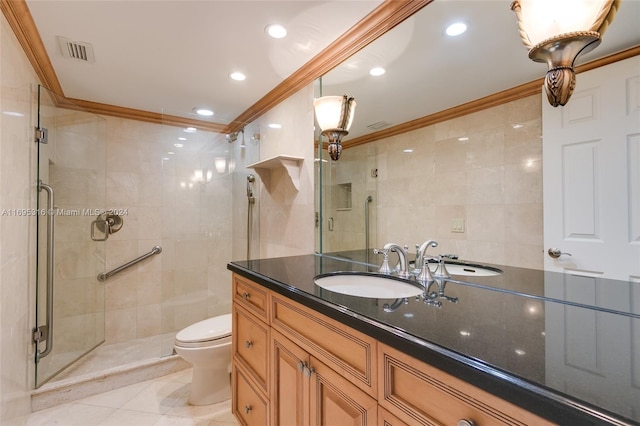 bathroom with crown molding, vanity, tile walls, and walk in shower