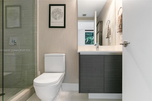 full bath featuring toilet, a stall shower, visible vents, and vanity