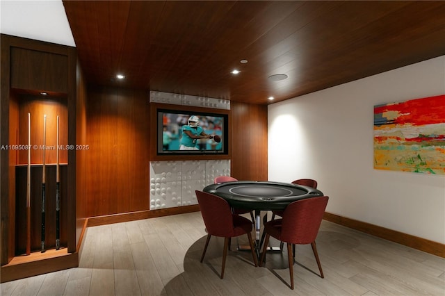 game room featuring wood ceiling, baseboards, wood finished floors, and recessed lighting