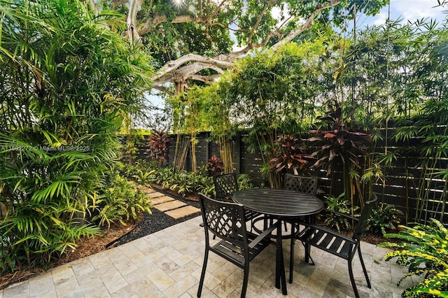 view of patio with a fenced backyard and outdoor dining area