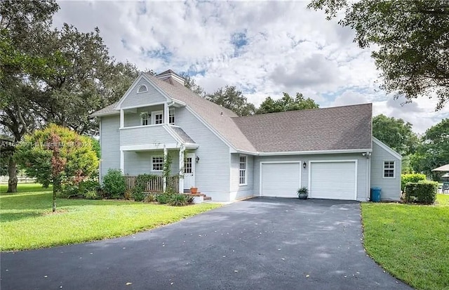 view of front of property featuring a porch, a balcony, a front yard, and a garage