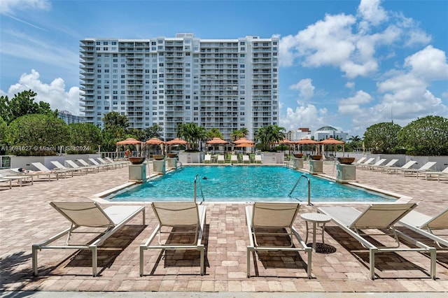 view of pool featuring a patio