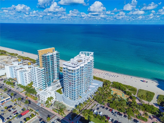 aerial view with a water view and a view of the beach