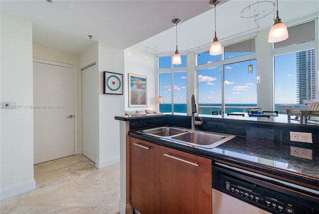 kitchen with dishwasher, a water view, pendant lighting, and sink