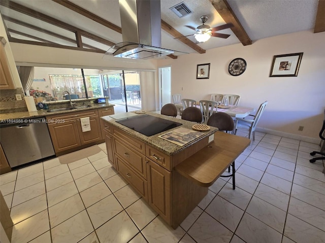 kitchen featuring dishwasher, black electric stovetop, island range hood, a kitchen island, and dark stone counters