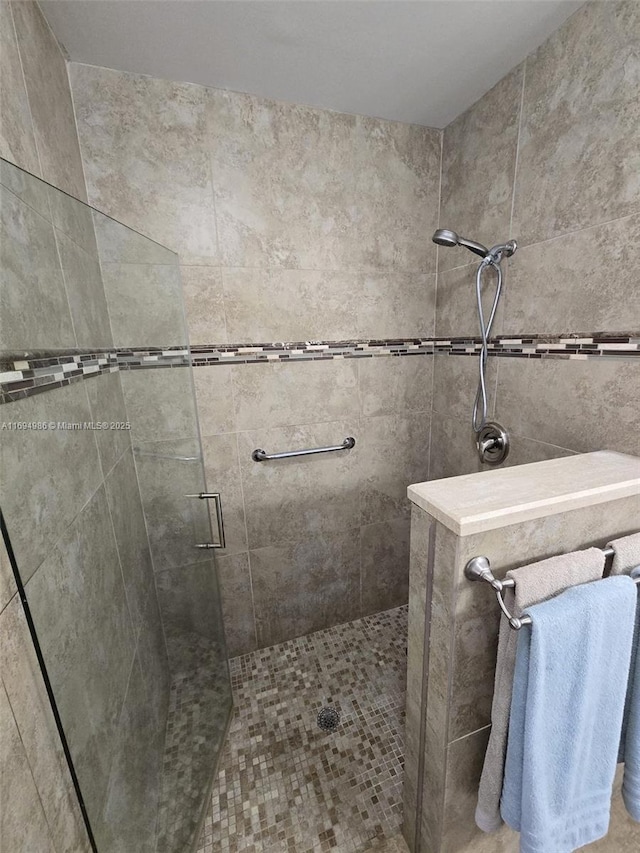 bathroom featuring a shower with door