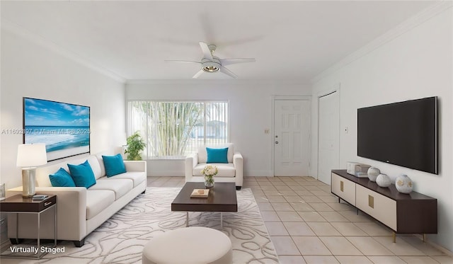 tiled living room featuring ceiling fan and ornamental molding