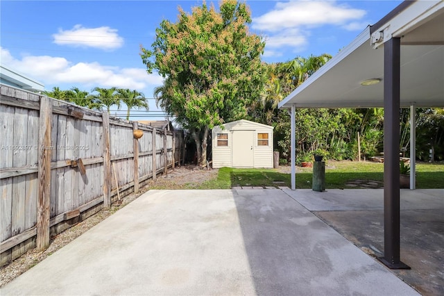 view of patio / terrace featuring a storage unit