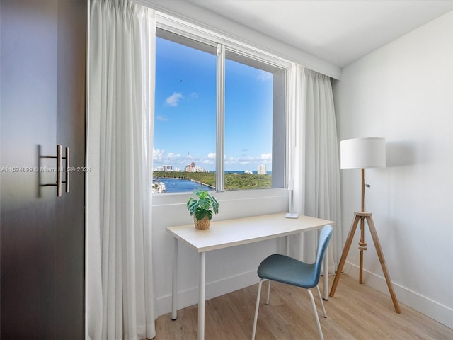 office space with light wood-type flooring and a water view