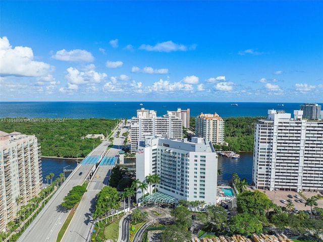 drone / aerial view featuring a water view