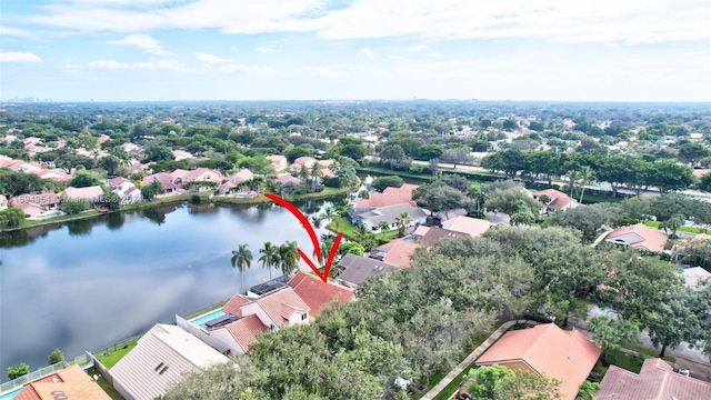 aerial view featuring a water view