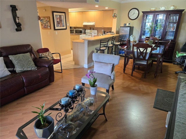 living room with crown molding and light hardwood / wood-style flooring