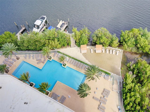 drone / aerial view with a water view