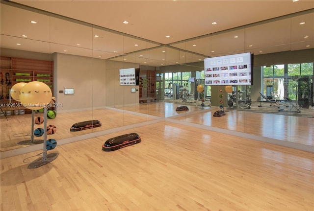 exercise room with light hardwood / wood-style floors