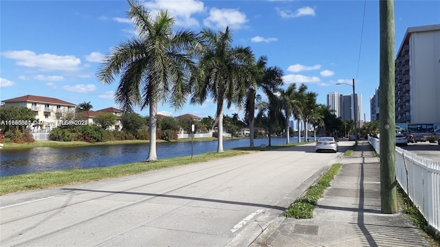 view of road with a water view