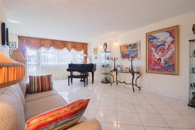 tiled living room with a textured ceiling