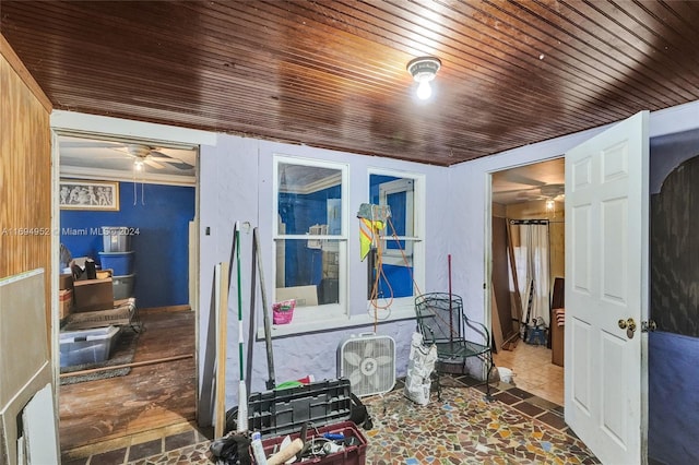 interior space featuring ceiling fan and wooden ceiling