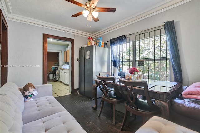 dining room with ceiling fan and crown molding