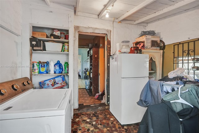 clothes washing area featuring washer / clothes dryer and wood ceiling