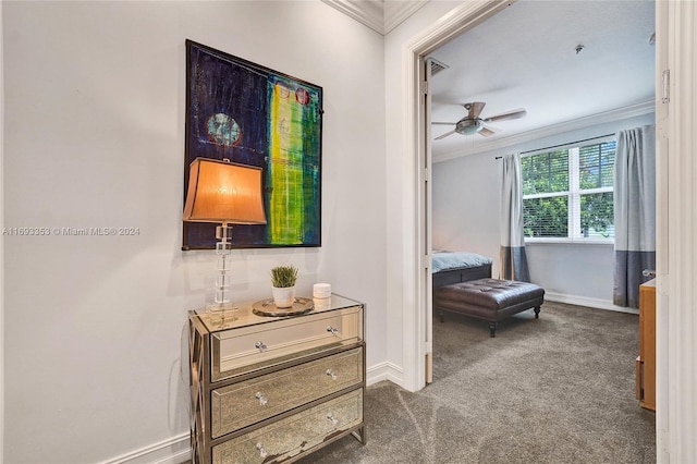 interior space featuring carpet and ornamental molding