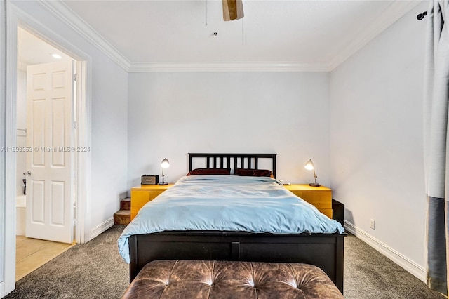 carpeted bedroom with ceiling fan and crown molding