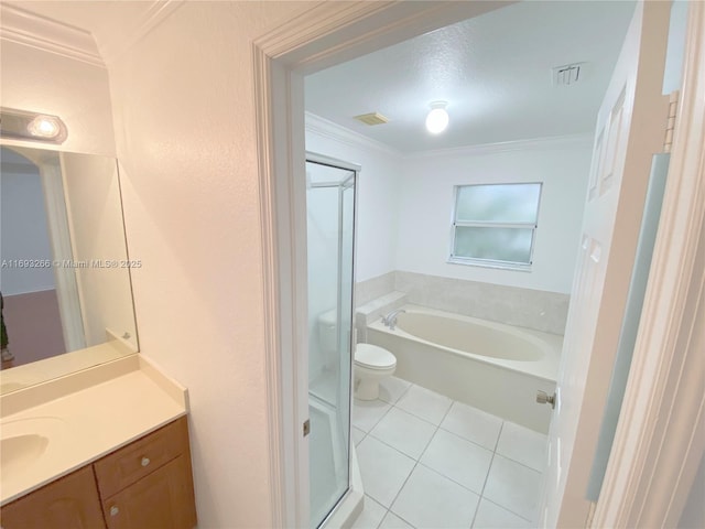 full bathroom with tile patterned floors, vanity, crown molding, and toilet