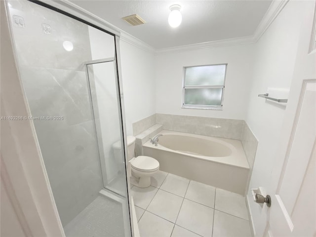 bathroom with toilet, tile patterned flooring, crown molding, and shower with separate bathtub