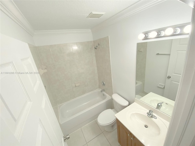 full bathroom featuring toilet, tiled shower / bath, tile patterned floors, ornamental molding, and vanity