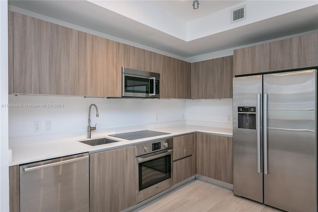 kitchen with light wood-type flooring, sink, and appliances with stainless steel finishes