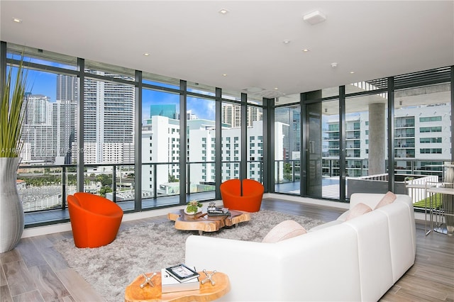 living room featuring floor to ceiling windows, light wood-type flooring, and a wealth of natural light