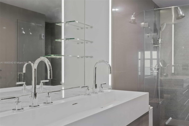 bathroom with vanity and a shower with shower door