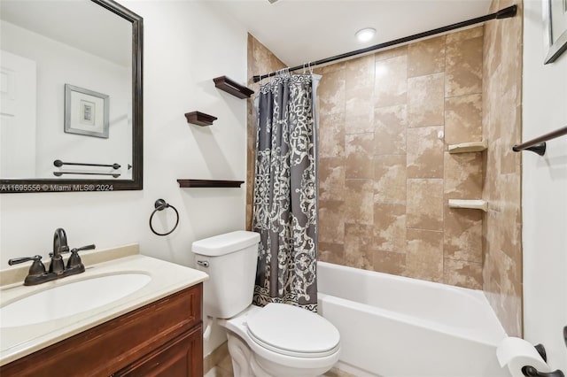 full bathroom with vanity, toilet, and shower / bathtub combination with curtain