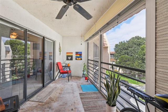 balcony featuring ceiling fan