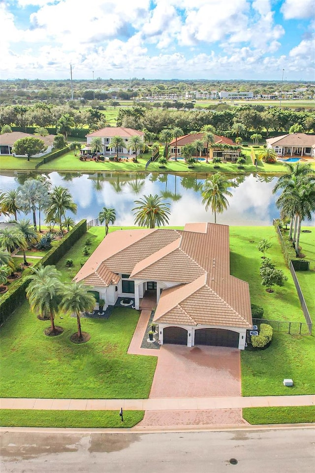 aerial view featuring a water view