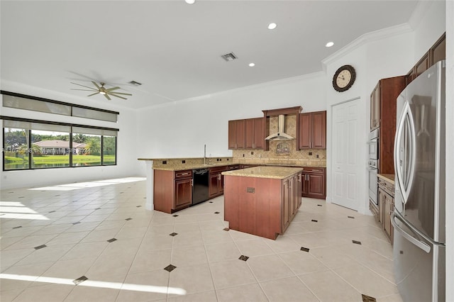 kitchen with tasteful backsplash, stainless steel refrigerator, a center island, and black dishwasher