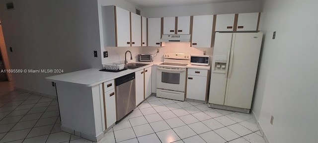 3564 Magellan Cir Unit 211-1, Aventura, FL 33180 - kitchen with white appliances, under cabinet range hood, a peninsula, light tile patterned floors, and light countertops
