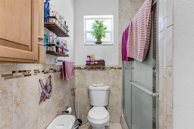 bathroom with walk in shower, tile walls, and toilet