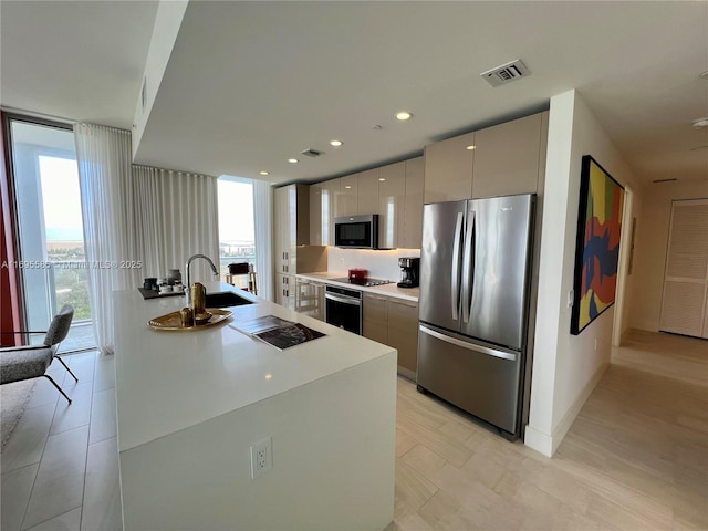 kitchen with sink, expansive windows, stainless steel appliances, and a kitchen island with sink