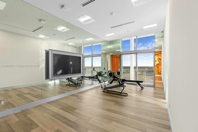 workout area with light hardwood / wood-style floors and floor to ceiling windows